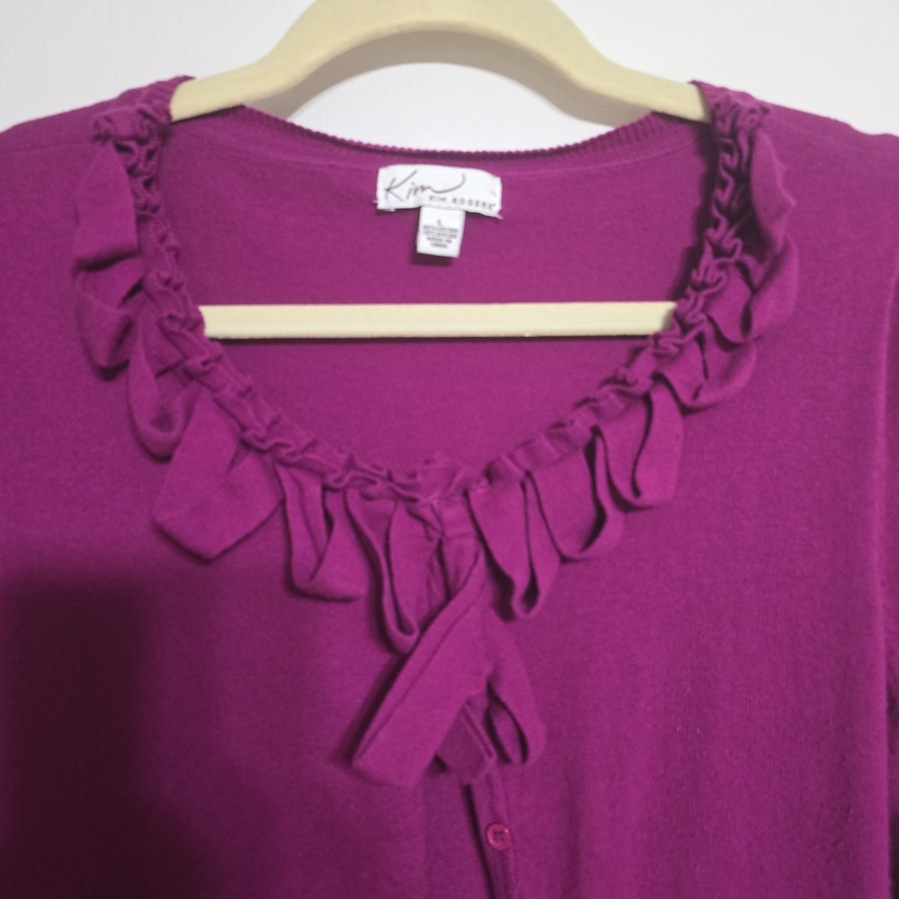 Kim Rogers Fuchsia Ruffle-Trim Button Cardigan